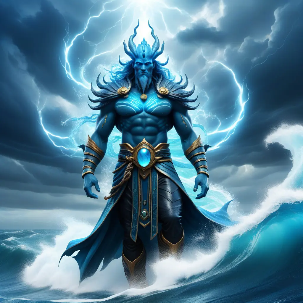 A celestial Blue-skinned God of the Seas, Storms, and Exploring emanating power of the seas, wearing half-leather, shrouded in storms in the style of digital art, 8k, Fantasy