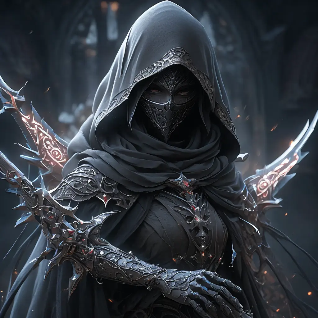 Veiled Assassin with daggers, 8k, Highly Detailed, Artstation, Illustration, Sharp Focus, Unreal Engine, Volumetric Lighting, Concept Art