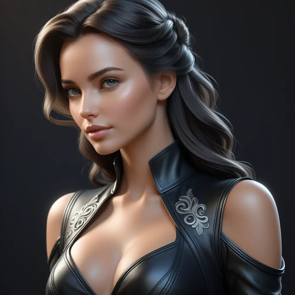 Alluring matte half body portrait of a beautiful Seraphine wearing tight black leather, 8k, Highly Detailed, Intricate, Realistic, Sharp Focus, Volumetric Lighting, Fantasy, Elegant by Stanley Artgerm Lau, WLOP