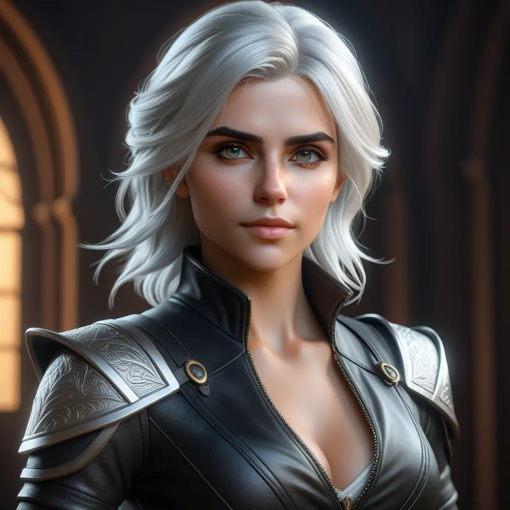 Alluring matte half body portrait of a beautiful Ciri wearing tight black leather, 8k, Highly Detailed, Intricate, Realistic, Sharp Focus, Volumetric Lighting, Fantasy, Elegant by Stanley Artgerm Lau, WLOP