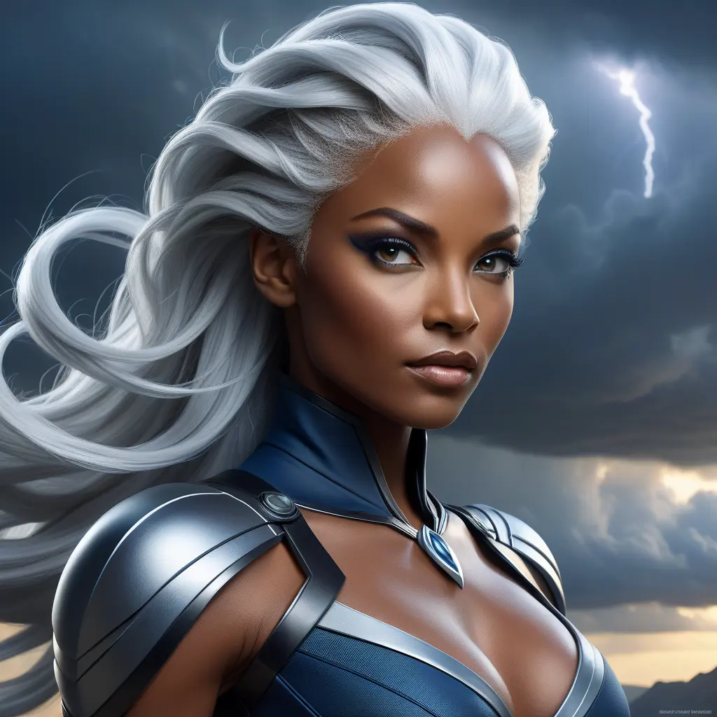 Alluring matte portrait of a beautiful Storm from Xmen in the style of Stefan Kostic, 8k, Highly Detailed, Intricate, Half Body, Realistic, Sharp Focus, Volumetric Lighting, Fantasy, Elegant by Stanley Artgerm Lau, Greg Rutkowski