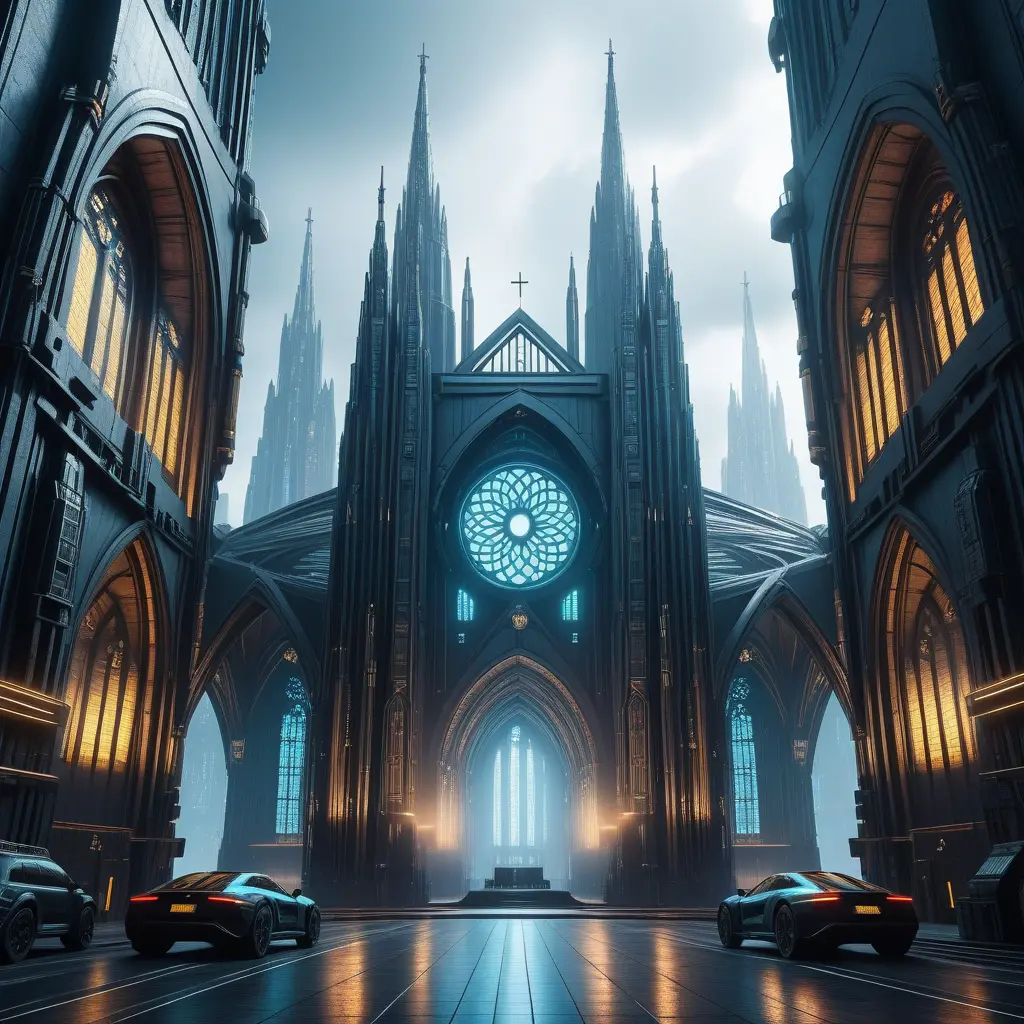 Cyberpunk Cathedral in a dystopian future, Dystopian, Cybernatic and Sci-Fi