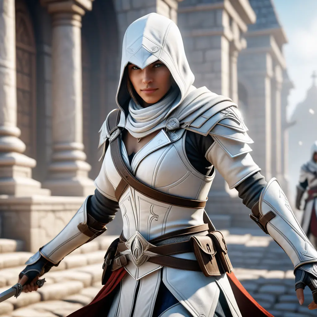 A female assassin in white Assassins Creed armor emerging from battle, 8k, Artstation, Beautiful, Unreal Engine, Volumetric Lighting