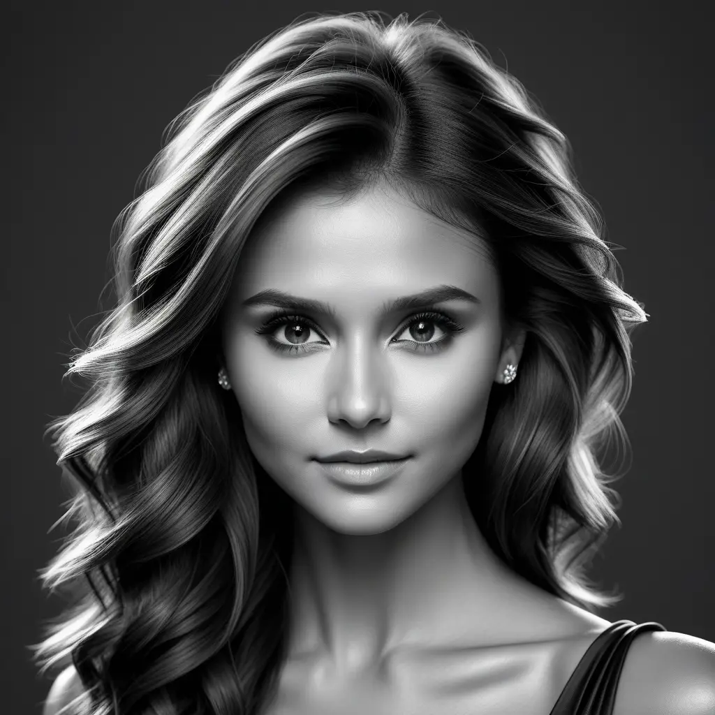 Alluring black and white portrait of a beautiful Nina Dobrev, 8k, Highly Detailed, Intricate, Half Body, Realistic, Sharp Focus, Volumetric Lighting, Fantasy, Elegant by Stanley Artgerm Lau