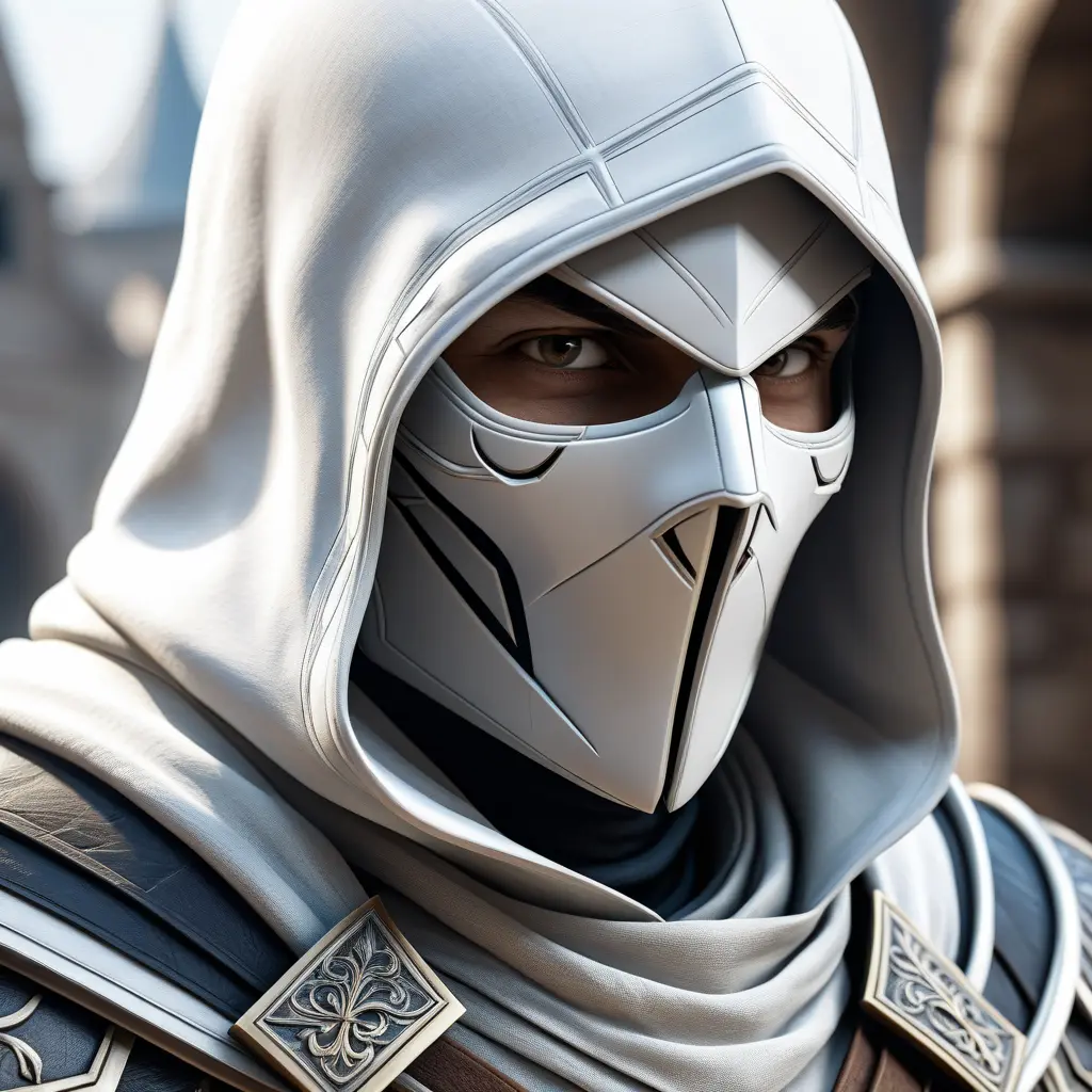 A closeup of an assassin in white Assassins Creed armor, 8k, Highly Detailed, Artstation, Beautiful, Digital Illustration, Sharp Focus, Unreal Engine, Concept Art