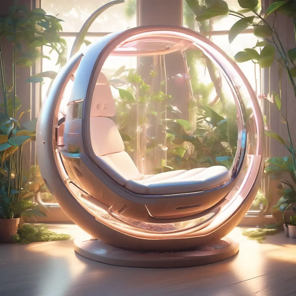 Futuristic sci-fi pod chair, Flat Design, Product-View, transparent orb, product photography, plants, natural wooden environment, 8k, Sci-Fi, Natural Light