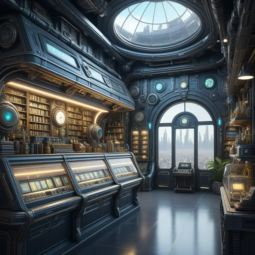 futuristic antique shop, 8k, Dystopian, High Definition, Highly Detailed, Hyper Detailed, Intricate, Intricate Artwork, Intricate Details, Ultra Detailed, Cgsociety, Cybernatic and Sci-Fi, Post-Apocalyptic, Biomechanical, Biopunk, Cassette Futurism, Cyberpunk, Futuristic, Lunarpunk, Pixiecore, Sci-Fi, Science Fiction, Solarpunk, Sparklecore, Unimaginable Beauty, Voidpunk, Matte Painting, Sharp Focus by Stefan Kostic