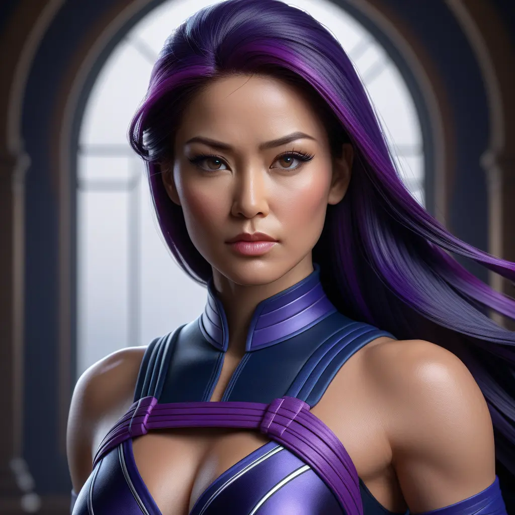 Alluring matte portrait of a beautiful Psylocke from Xmen in the style of Stefan Kostic, 8k, Highly Detailed, Intricate, Half Body, Realistic, Sharp Focus, Volumetric Lighting, Fantasy, Elegant by Stanley Artgerm Lau, Greg Rutkowski