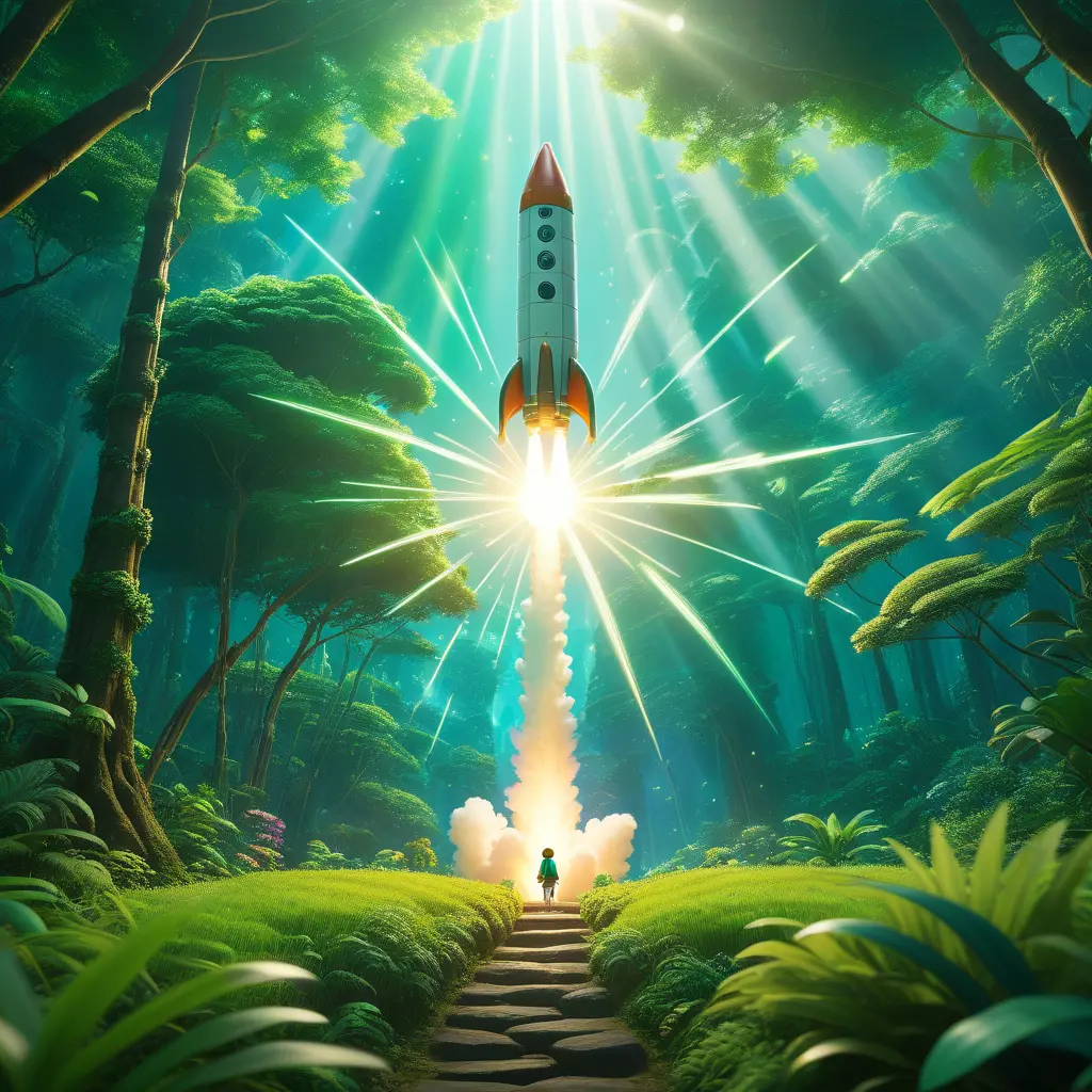 Studio ghibli, rocket explosion, jungle, solar, green technology, optimist future, 8k, Bokeh effect, Cinematic Lighting, Iridescence, Vibrant by Greg Rutkowski, WLOP