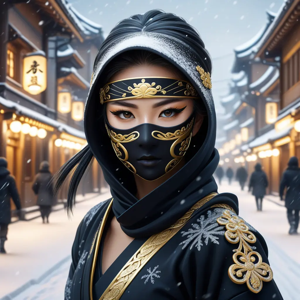 Wallpaper of a mysterious beautiful masked kunoichi ninja wearing eyeliner and gold jewelry in the streets of a dark snowy town in moscow, fluid motion, 8k, Intricate Details, Trending on Artstation, Beautiful, Stunning, Centered by Stanley Artgerm Lau, WLOP