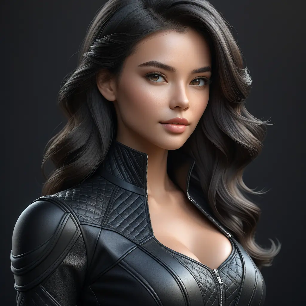 Alluring matte half body portrait of a beautiful A2 wearing tight black leather, 8k, Highly Detailed, Intricate, Realistic, Sharp Focus, Volumetric Lighting, Fantasy, Elegant by Stanley Artgerm Lau, WLOP