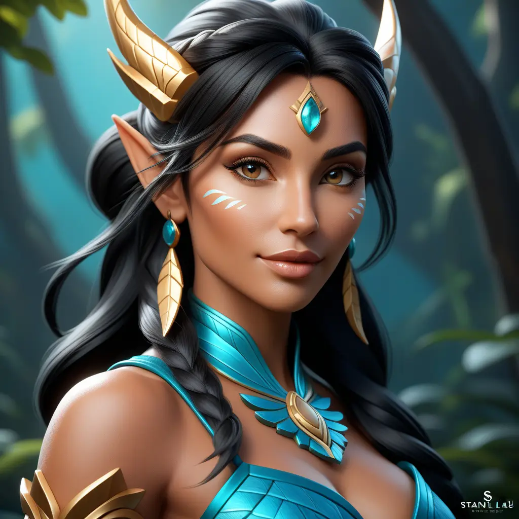 Alluring matte portrait of a beautiful Nidalee in the style of Stefan Kostic, 8k, Highly Detailed, Intricate, Half Body, Realistic, Sharp Focus, Volumetric Lighting, Fantasy, Elegant by Stanley Artgerm Lau, Greg Rutkowski