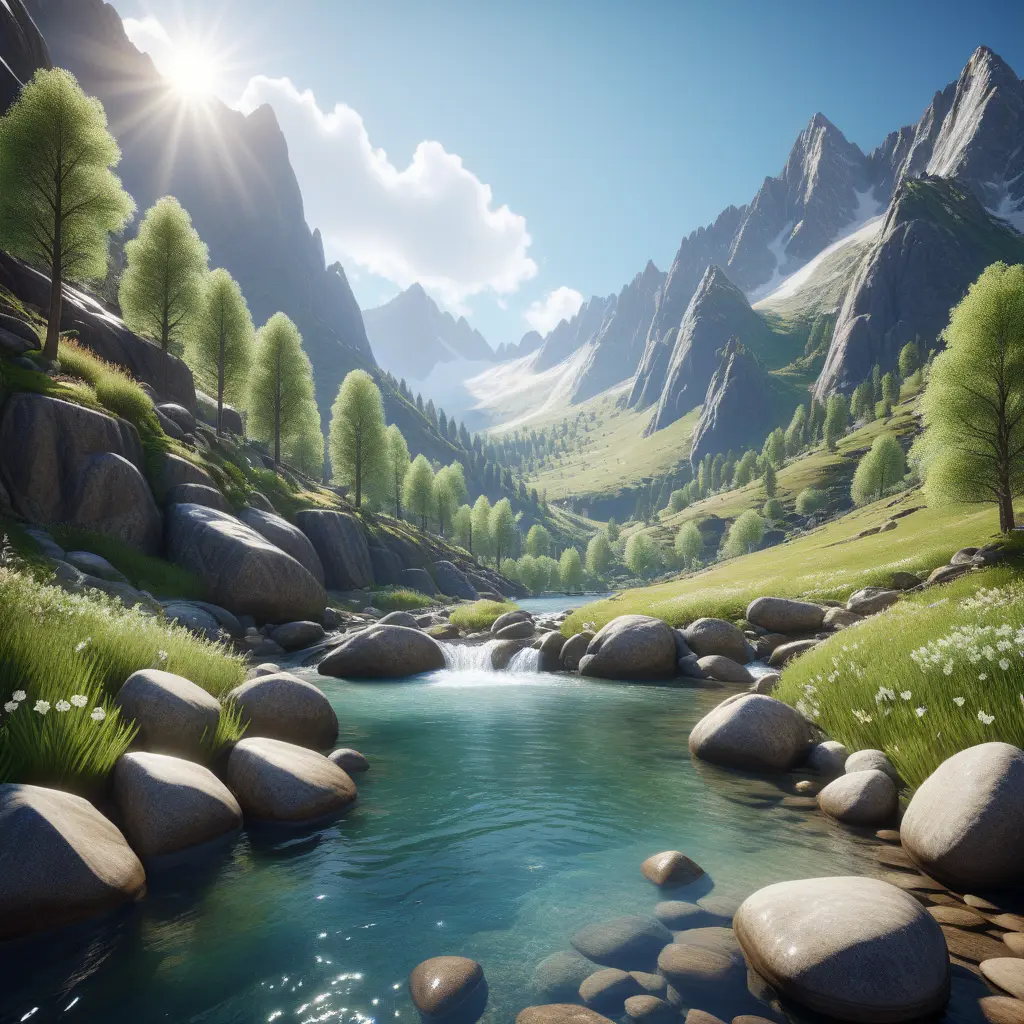 Lake in mountains streams and rivers flow down slopes of mountains and rocks into the valley spring in mountains, 8k, Award-Winning, Highly Detailed, Beautiful, Octane Render, Unreal Engine, Radiant, Volumetric Lighting by Greg Rutkowski