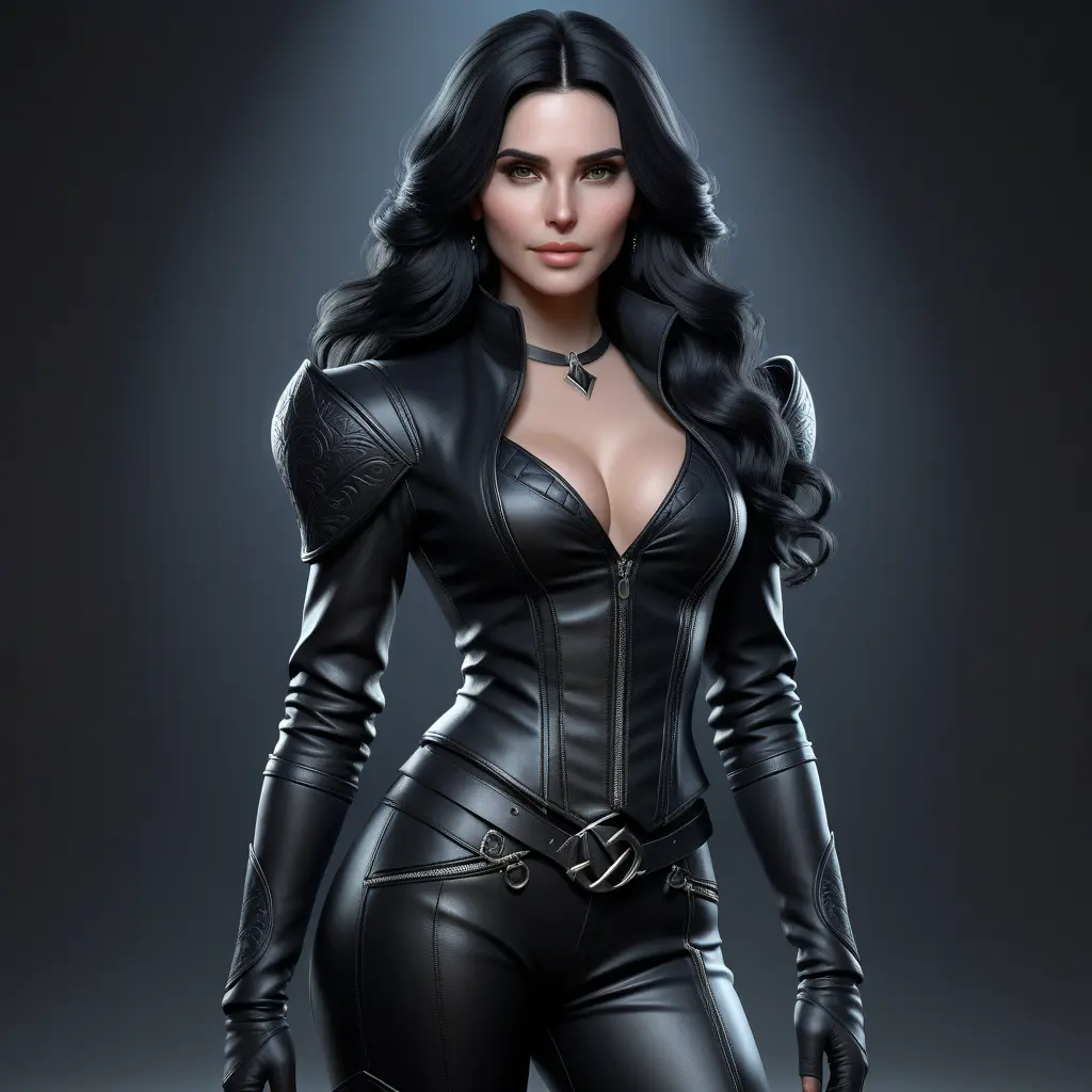 Alluring matte portrait of a beautiful Yennefer in black leather, 8k, Full Body, Realistic, Volumetric Lighting, Fantasy by Stanley Artgerm Lau, WLOP