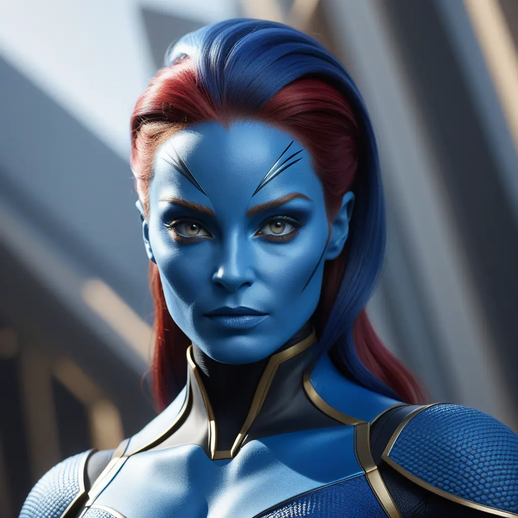 Alluring matte portrait of a beautiful Mystique from Xmen in the style of Stefan Kostic, 8k, Highly Detailed, Intricate, Half Body, Realistic, Sharp Focus, Volumetric Lighting, Fantasy, Elegant by Stanley Artgerm Lau, Greg Rutkowski