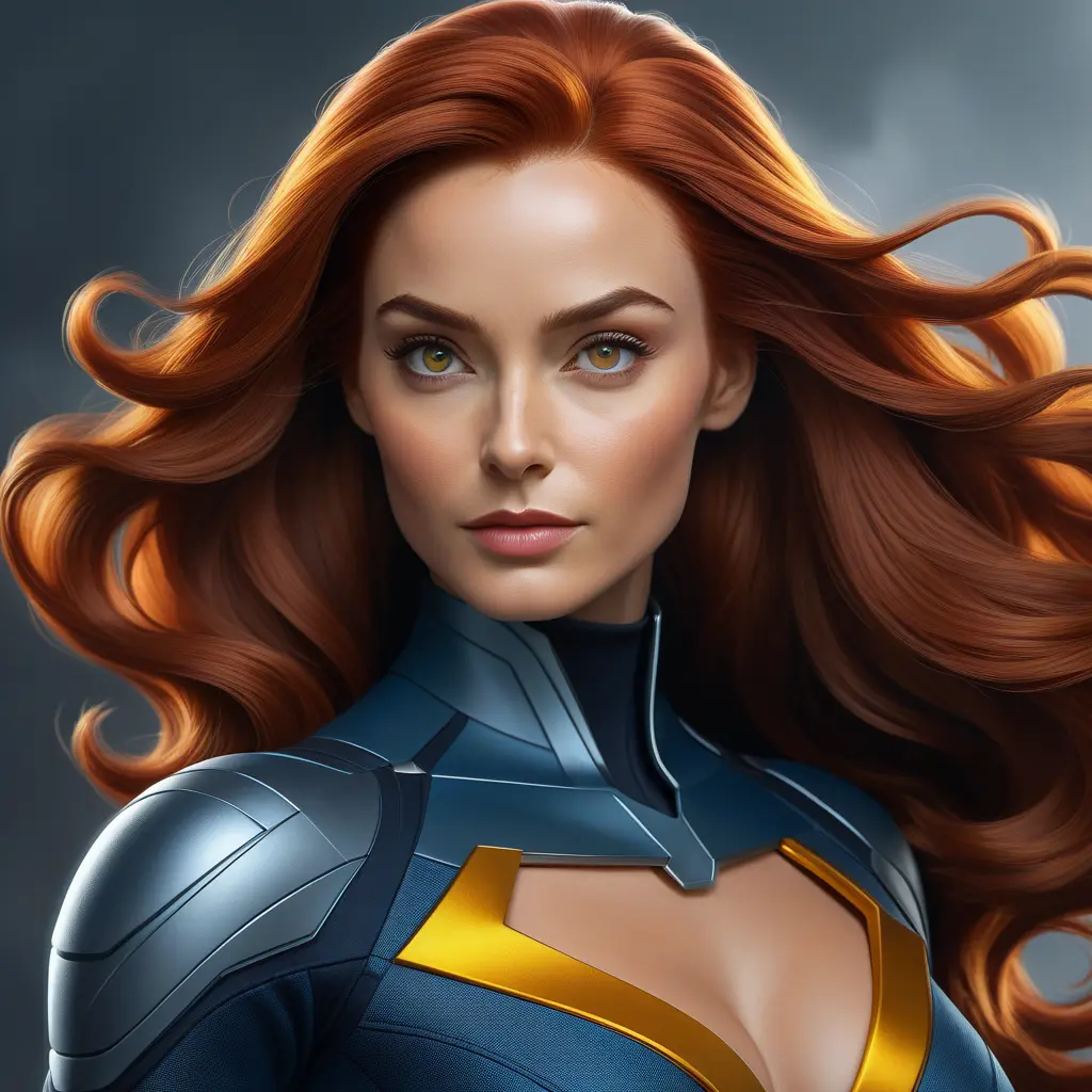 Alluring matte portrait of a beautiful Jean Grey from Xmen in the style of Stefan Kostic, 8k, Highly Detailed, Intricate, Half Body, Realistic, Sharp Focus, Volumetric Lighting, Fantasy, Elegant by Stanley Artgerm Lau, Greg Rutkowski