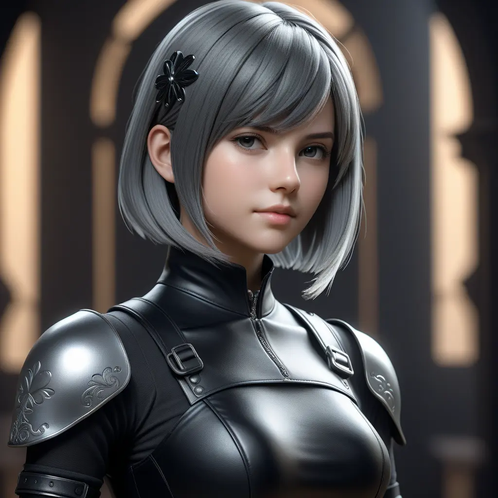 Alluring matte half body portrait of a beautiful A2 from Nier Automata wearing tight black leather, 8k, Highly Detailed, Intricate, Realistic, Sharp Focus, Volumetric Lighting, Fantasy, Elegant by Stanley Artgerm Lau, WLOP