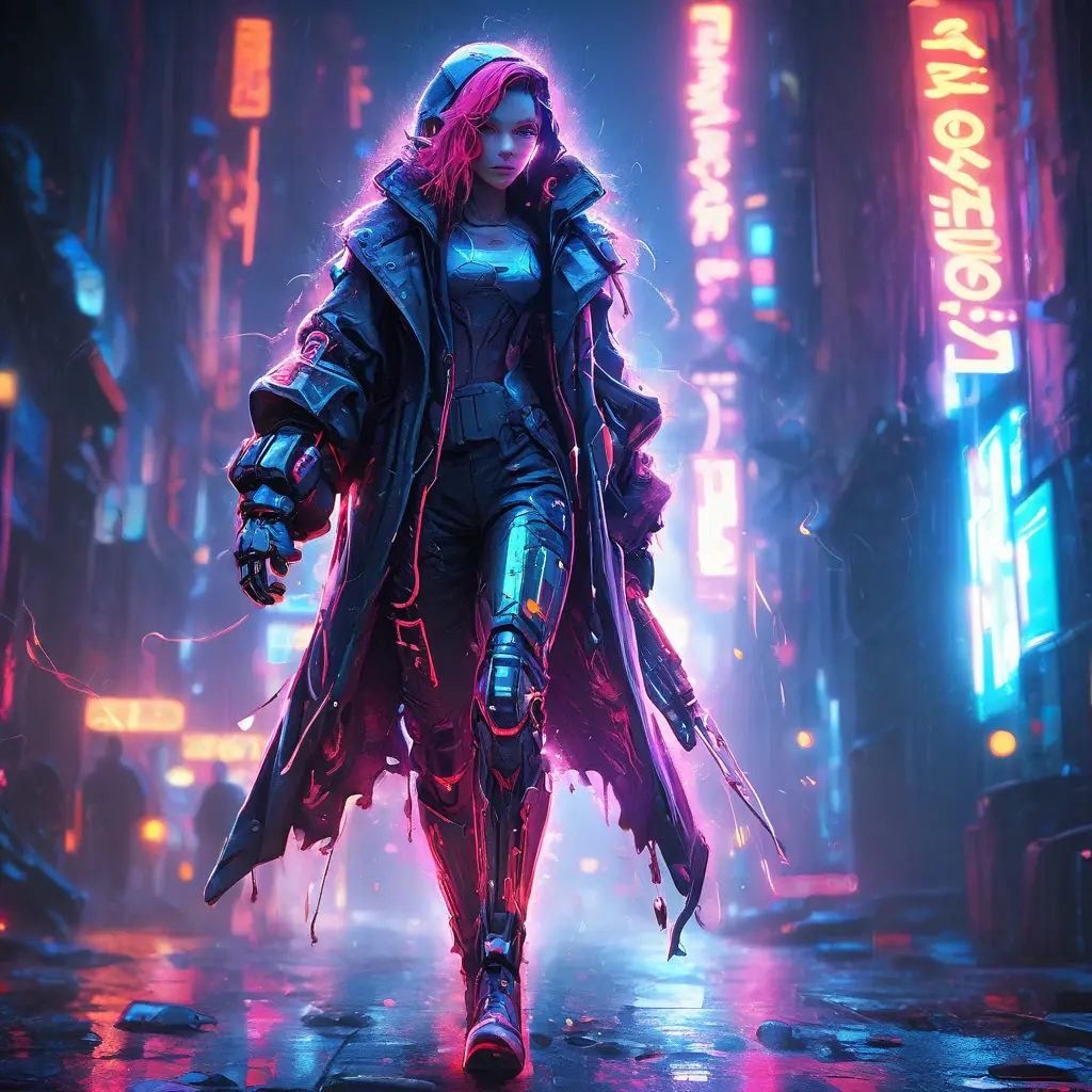 full body shot, beautiful woman walking with beatiful and detailed eyes, dynamic pose, slightly athletic beatiful body, medium-sized chest, detailed attire, Hyper Detailed, Intricate Artwork, Masterpiece, Cybernatic and Sci-Fi, Cyberpunk, Freckles, Full Lips, Red Hair, Smiling, Digital Illustration, Cityscape, Blade Runner 2049, Neon light effect, Realistic, Sharp Focus, Wide Angle, Neon, Dripping Colors, Matte, Futurism, Artwork, Dieselpunk, Colorful, Dynamic, Elegant, Expressive, Graceful, Hot, Gloomy, Sad, Stormy, Terrifying, Tired