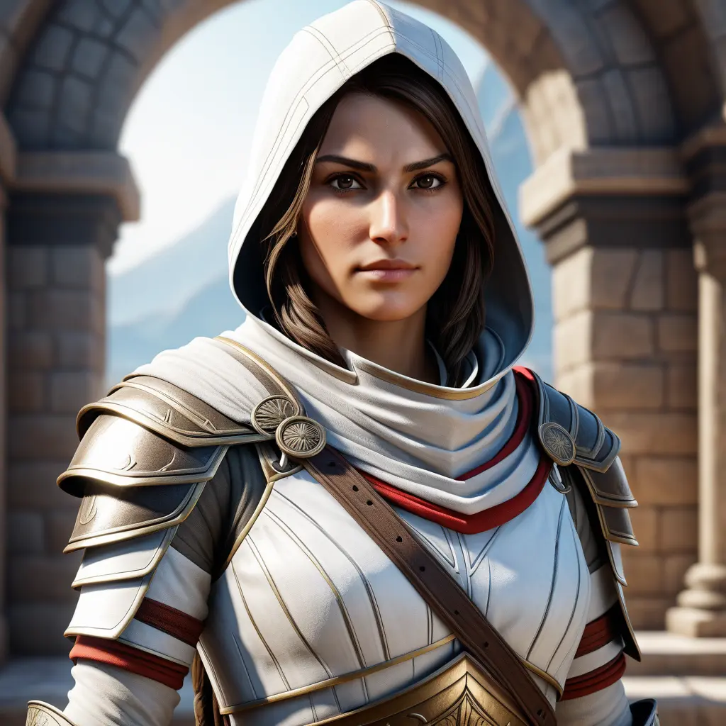 Kassandra from Assassins Creed in white armor, 8k, Highly Detailed, Artstation, Beautiful, Digital Illustration, Sharp Focus, Unreal Engine, Concept Art