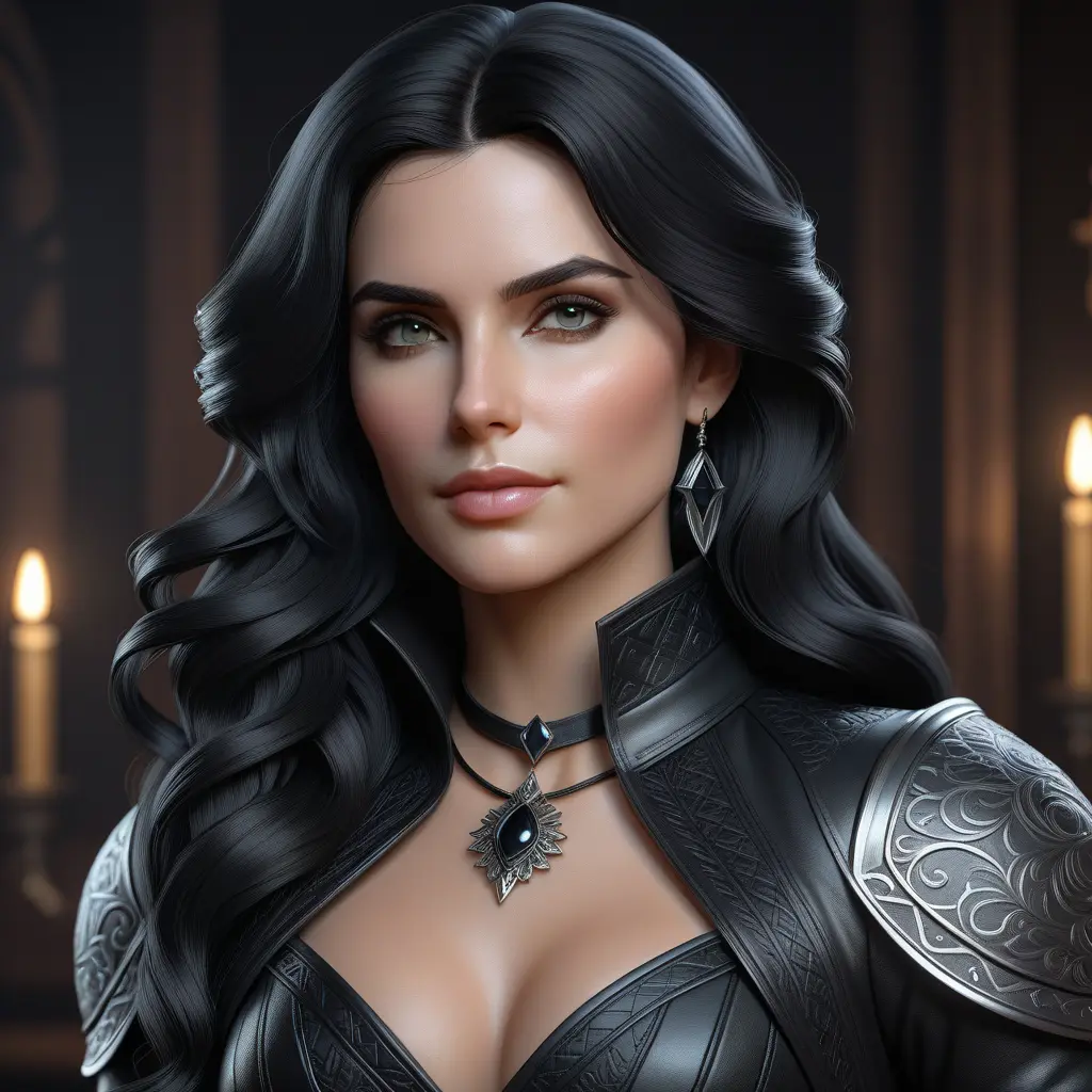 Alluring matte half body portrait of a beautiful Yennefer wearing tight black leather, 8k, Highly Detailed, Intricate, Realistic, Sharp Focus, Volumetric Lighting, Fantasy, Elegant by Stanley Artgerm Lau, WLOP