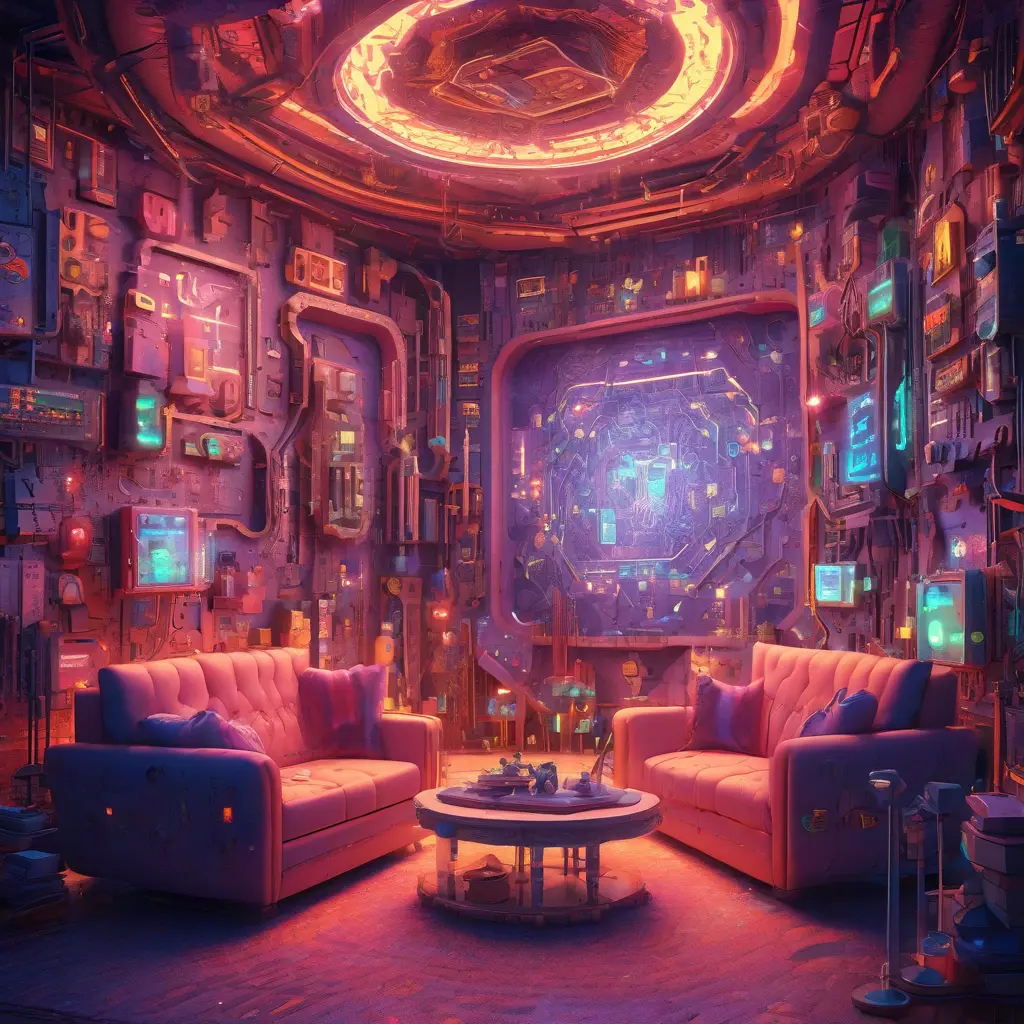 Imagine a modern and technology-inspired living room with a unique twist. The centerpiece of the room is a striking circuit board interior wallpaper that covers one wall. The wallpaper features intricate circuit board diagrams, electronic symbols, and vibrant metallic tones, Vintage Illustration, Retro-Futurism, Sci-Fi by Greg Rutkowski