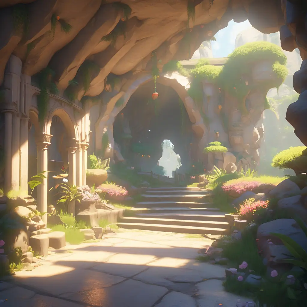 Arc hallway for secret overwatch habitation quarters carved inside a cave surrounding a lush garden, 8k, Trending on Artstation, Minimalism, Unimaginable Beauty, Sharp Focus, 3D Rendering, Unreal Engine, Natural Light, Concept Art, Naturalism