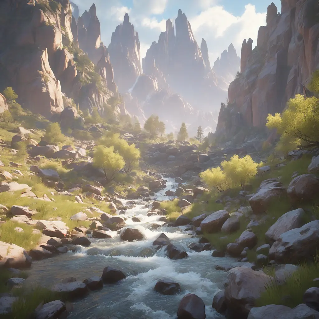 Lake in mountains streams and rivers flow down slopes of mountains and rocks into the valley spring in mountains, 8k, Award-Winning, Highly Detailed, Beautiful, Octane Render, Unreal Engine, Radiant, Volumetric Lighting by Greg Rutkowski