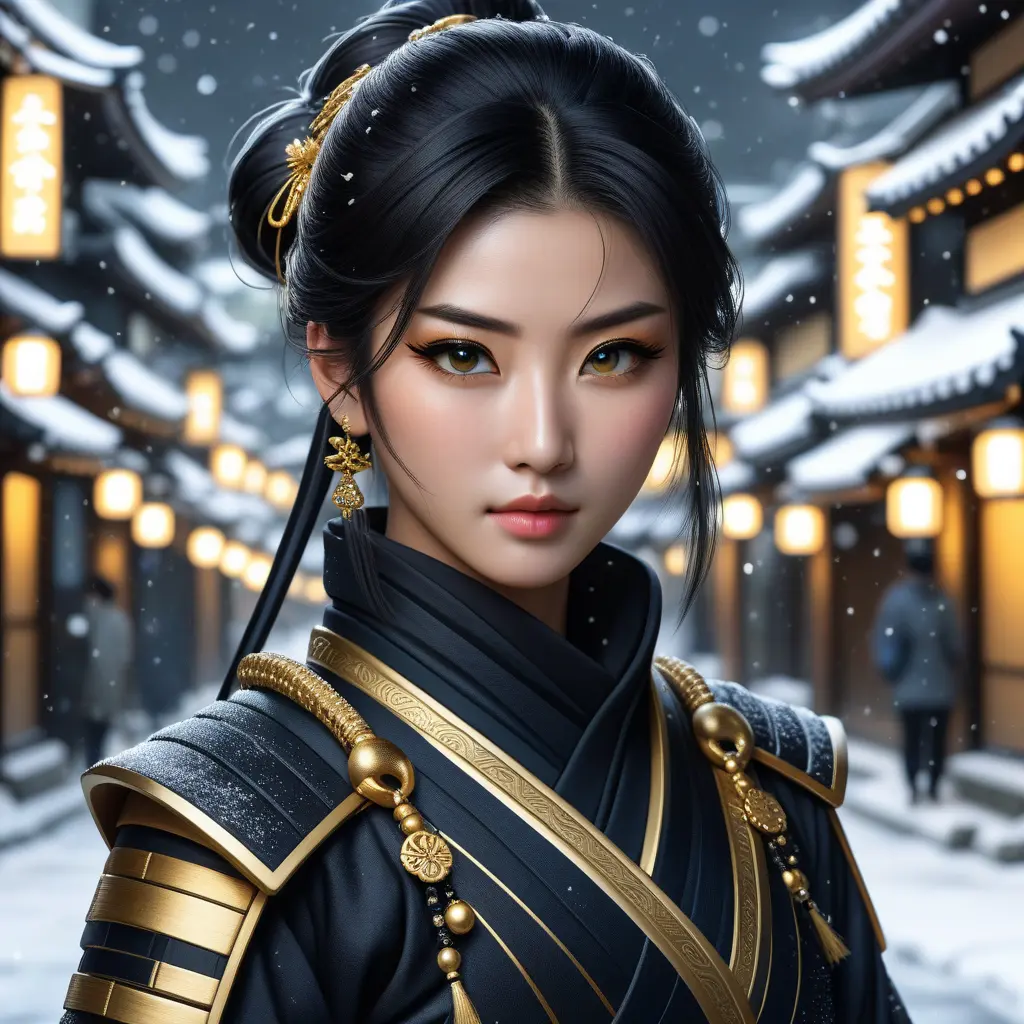 Mysterious beautiful armed kunoichi ninja wearing eyeliner and gold jewelry in the dark snowy streets of tokyo, 8k, Intricate Details, Trending on Artstation, Beautiful, Stunning, Centered by Stanley Artgerm Lau, WLOP