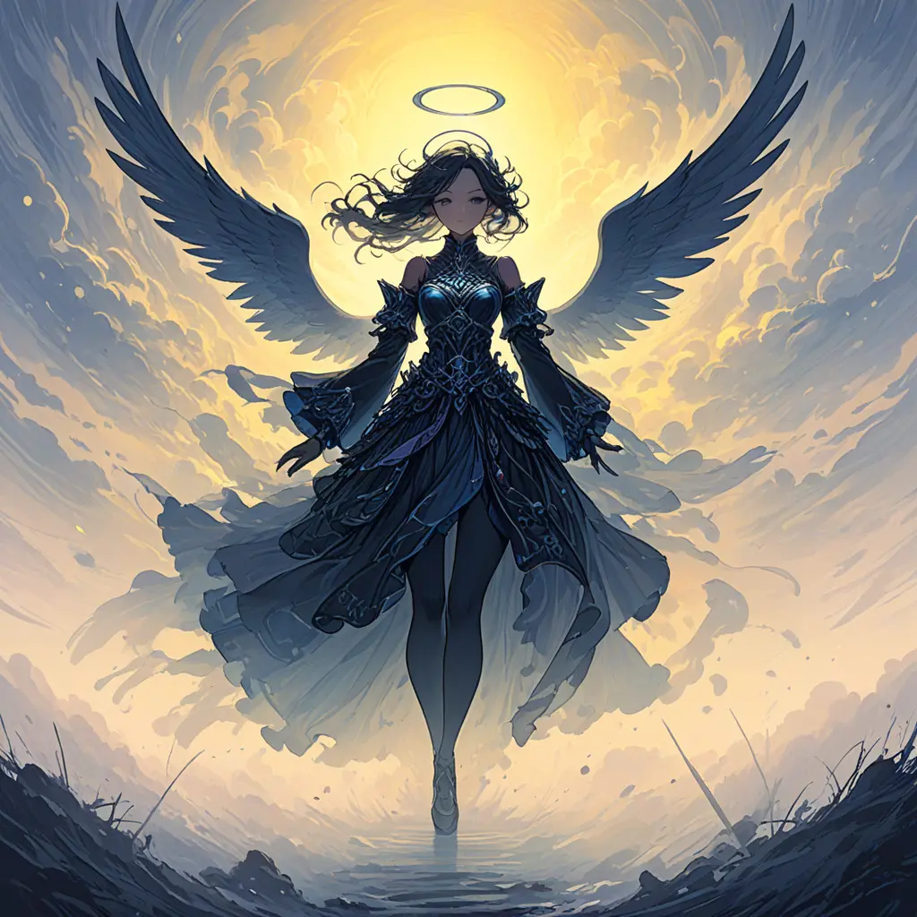 Silhouette of an Angel emerging from the fog of war, ink splash, Highly Detailed, Vibrant Colors, Ink Art, Fantasy, Dark by Stanley Artgerm Lau