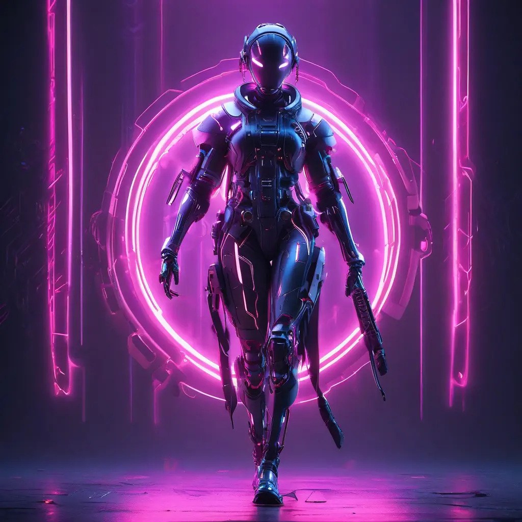 Beautiful woman walking with beatiful and detailed eyes, dynamic pose, slightly athletic beatiful body, Cybernatic and Sci-Fi, Full Body, Cyberpunk, Blade Runner 2049, Neon light effect, Neon, Futurism