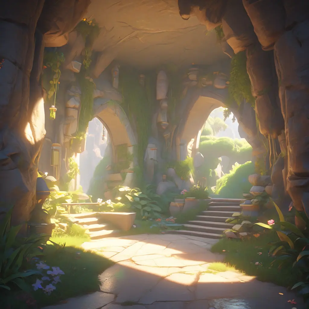 Arc hallway for secret overwatch habitation quarters carved inside a cave surrounding a lush garden, 8k, Trending on Artstation, Minimalism, Unimaginable Beauty, Sharp Focus, 3D Rendering, Unreal Engine, Natural Light, Concept Art, Naturalism