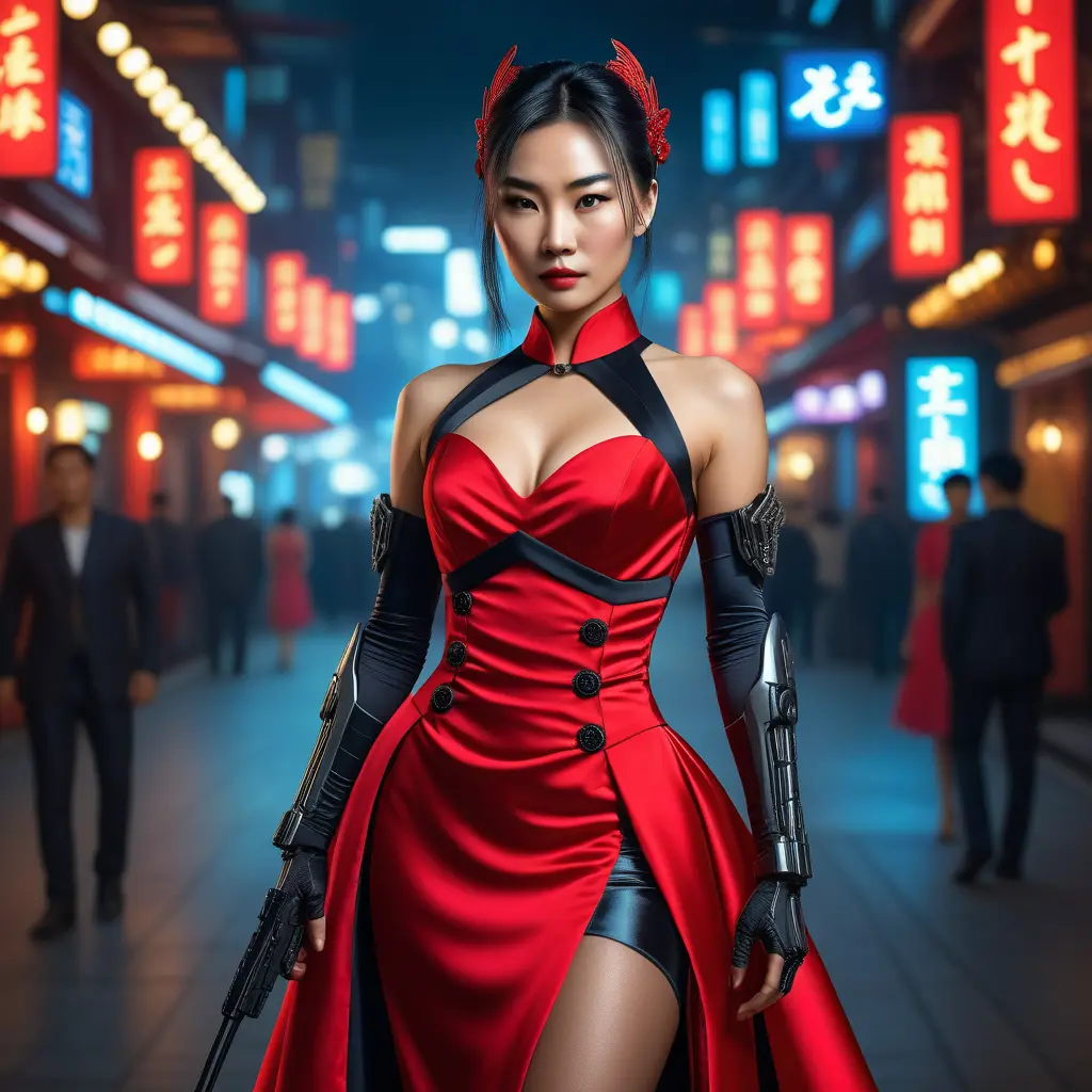 A dangerously armed asian feme fatale in silk red dress at a masquerade ball, Cyberpunk, Sci-Fi, Photo Realistic