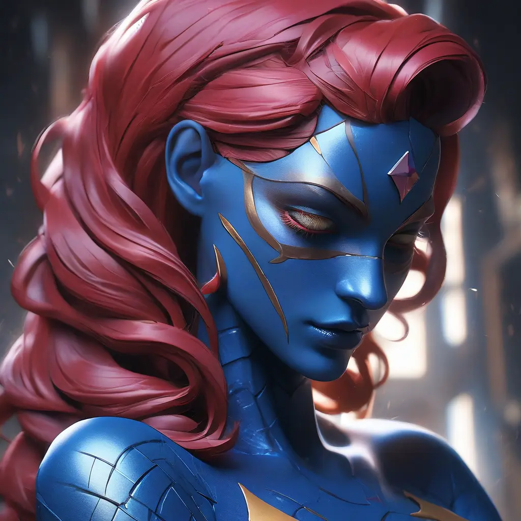 Alluring matte portrait of a beautiful Mystique from Xmen in the style of Stefan Kostic, 8k, Highly Detailed, Intricate, Half Body, Realistic, Sharp Focus, Volumetric Lighting, Fantasy, Elegant by Stanley Artgerm Lau, Greg Rutkowski