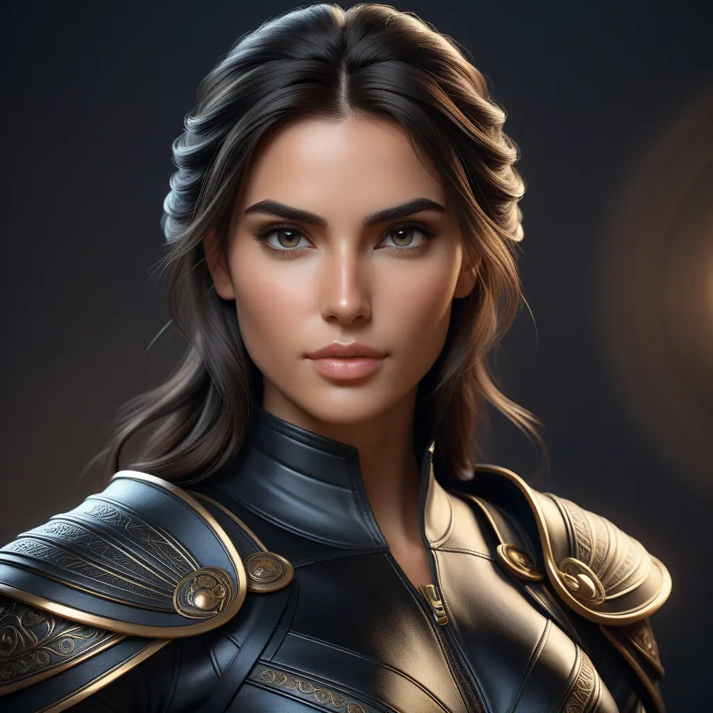 Alluring matte half body portrait of a beautiful Kassandra wearing tight black leather, 8k, Highly Detailed, Intricate, Realistic, Sharp Focus, Volumetric Lighting, Fantasy, Elegant by Stanley Artgerm Lau, WLOP