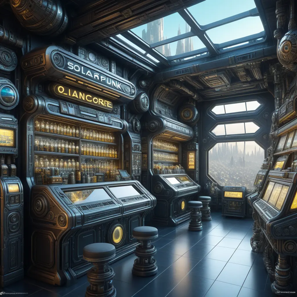 futuristic antique shop, 8k, Dystopian, High Definition, Highly Detailed, Hyper Detailed, Intricate, Intricate Artwork, Intricate Details, Ultra Detailed, Cgsociety, Cybernatic and Sci-Fi, Post-Apocalyptic, Biomechanical, Biopunk, Cassette Futurism, Cyberpunk, Futuristic, Lunarpunk, Pixiecore, Sci-Fi, Science Fiction, Solarpunk, Sparklecore, Unimaginable Beauty, Voidpunk, Matte Painting, Sharp Focus by Stefan Kostic