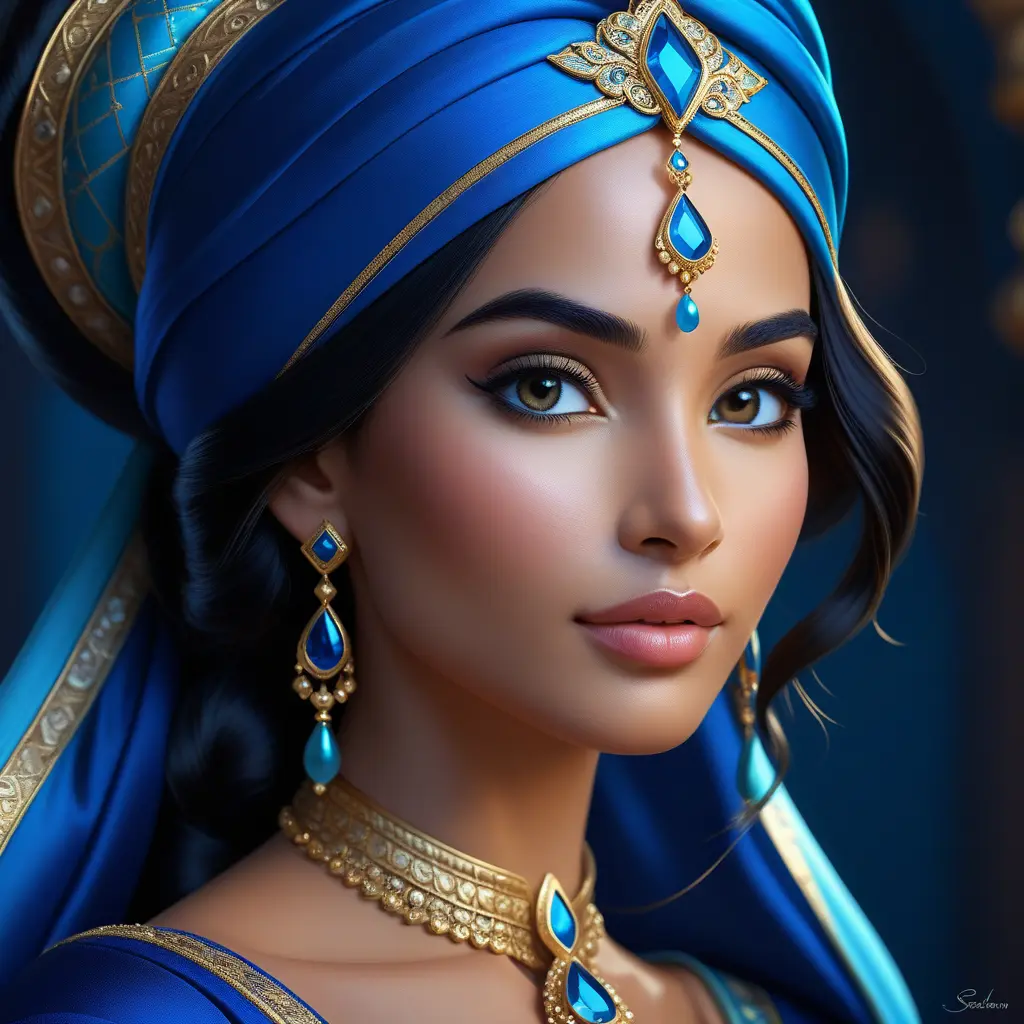 Matte portrait of the beautiful Princess Jasmine in dark blue, 8k, Highly Detailed, Intricate, Realistic, Sharp Focus, Volumetric Lighting, Fantasy, Elegant by Stanley Artgerm Lau, WLOP, Stefan Kostic