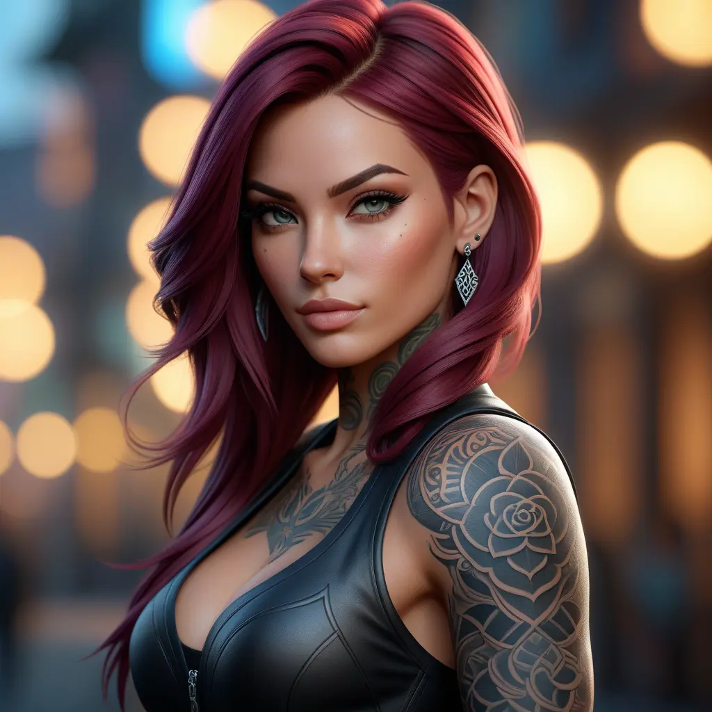 Matte portrait of Katarina with tattoos, 8k, Highly Detailed, Alluring, Artstation, Bokeh effect, Sharp Focus, Volumetric Lighting, Concept Art by Stanley Artgerm Lau, Greg Rutkowski