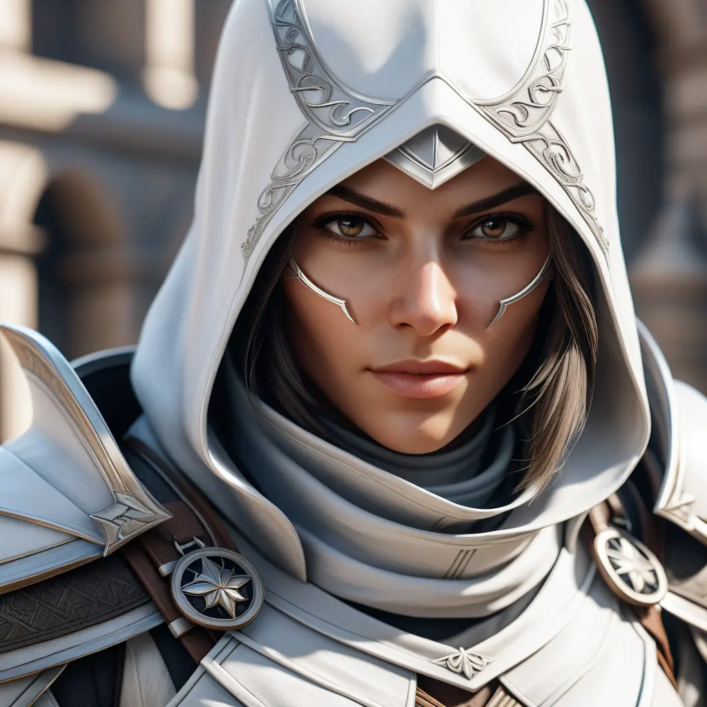 A closeup of a female assassin in white Assassins Creed armor, 8k, Highly Detailed, Artstation, Beautiful, Digital Illustration, Sharp Focus, Unreal Engine, Concept Art