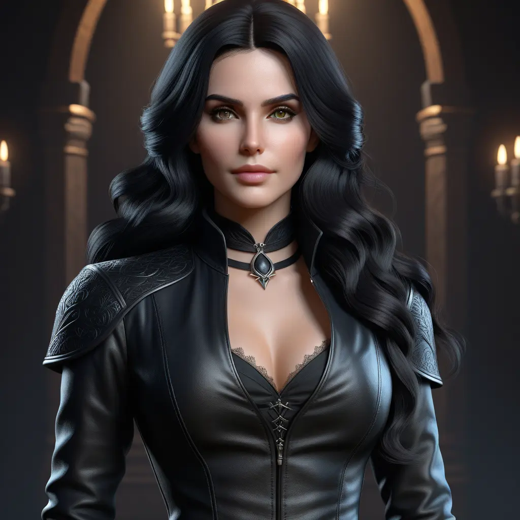 Alluring matte portrait of a beautiful Yennefer in black leather, 8k, Full Body, Realistic, Volumetric Lighting, Fantasy by Stanley Artgerm Lau, WLOP