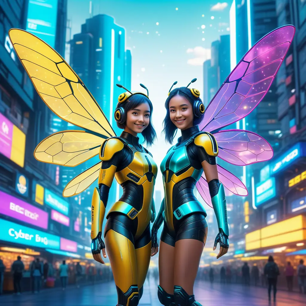 A Cyberpunk half bee and half Human girl with vizor, Cybernatic and Sci-Fi, Cityscape, Bloom light effect, Colorful, Ecstatic, Exciting, Joyful