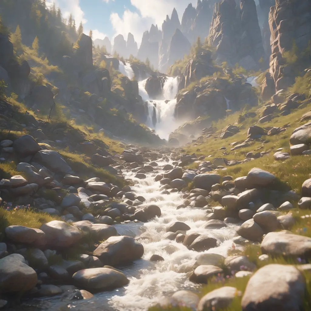 Lake in mountains streams and rivers flow down slopes of mountains and rocks into the valley spring in mountains, 8k, Award-Winning, Highly Detailed, Beautiful, Octane Render, Unreal Engine, Radiant, Volumetric Lighting by Greg Rutkowski