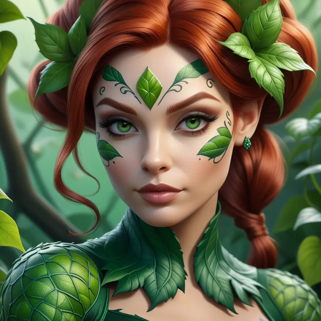 Closeup matte portrait of a tattooed Poison Ivy, 8k, Highly Detailed, Intricate, Artstation, Matte Painting, Sharp Focus, Concept Art by Stanley Artgerm Lau, Greg Rutkowski