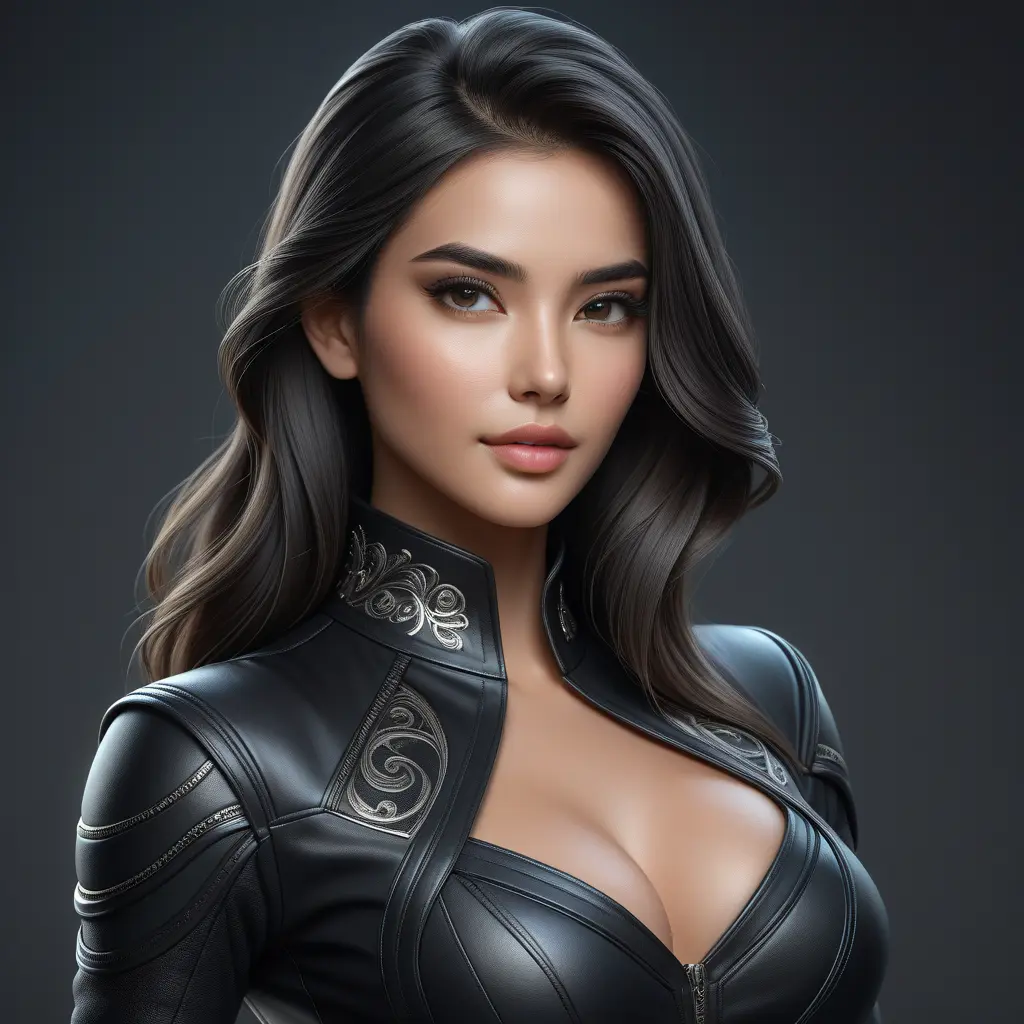 Alluring matte half body portrait of a beautiful Sona wearing tight black leather, 8k, Highly Detailed, Intricate, Realistic, Sharp Focus, Volumetric Lighting, Fantasy, Elegant by Stanley Artgerm Lau, WLOP