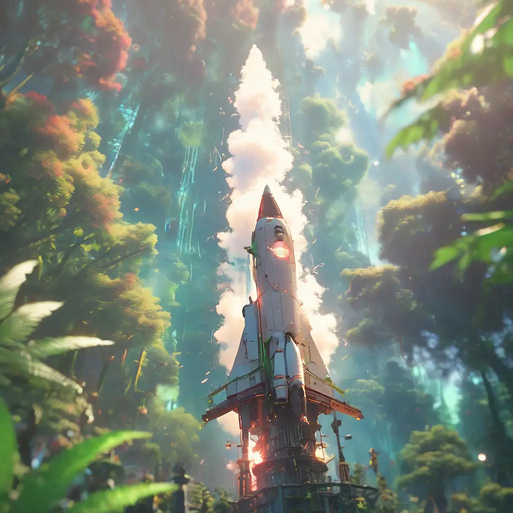 Studio ghibli, rocket explosion, jungle, solar, green technology, optimist future, 8k, Bokeh effect, Cinematic Lighting, Iridescence, Vibrant by Greg Rutkowski, WLOP