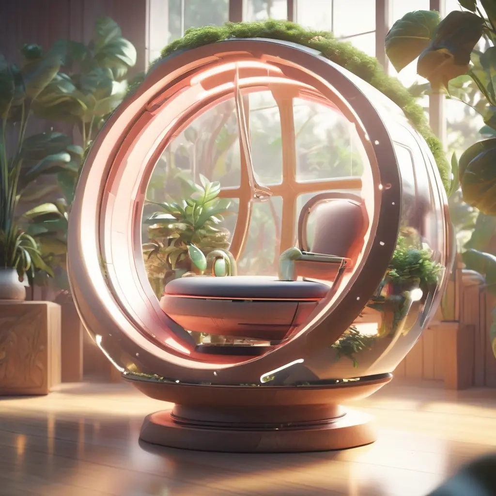 Futuristic sci-fi pod chair, Flat Design, Product-View, transparent orb, product photography, plants, natural wooden environment, 8k, Sci-Fi, Natural Light