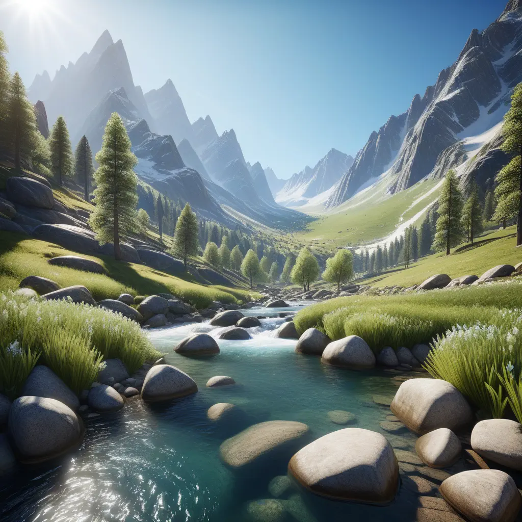 Lake in mountains streams and rivers flow down slopes of mountains and rocks into the valley spring in mountains, 8k, Award-Winning, Highly Detailed, Beautiful, Octane Render, Unreal Engine, Radiant, Volumetric Lighting by Greg Rutkowski