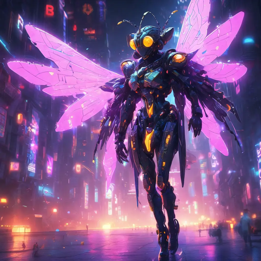 A Cyberpunk half bee and half Human girl with vizor, Cybernatic and Sci-Fi, Cityscape, Bloom light effect, Colorful, Ecstatic, Exciting, Joyful