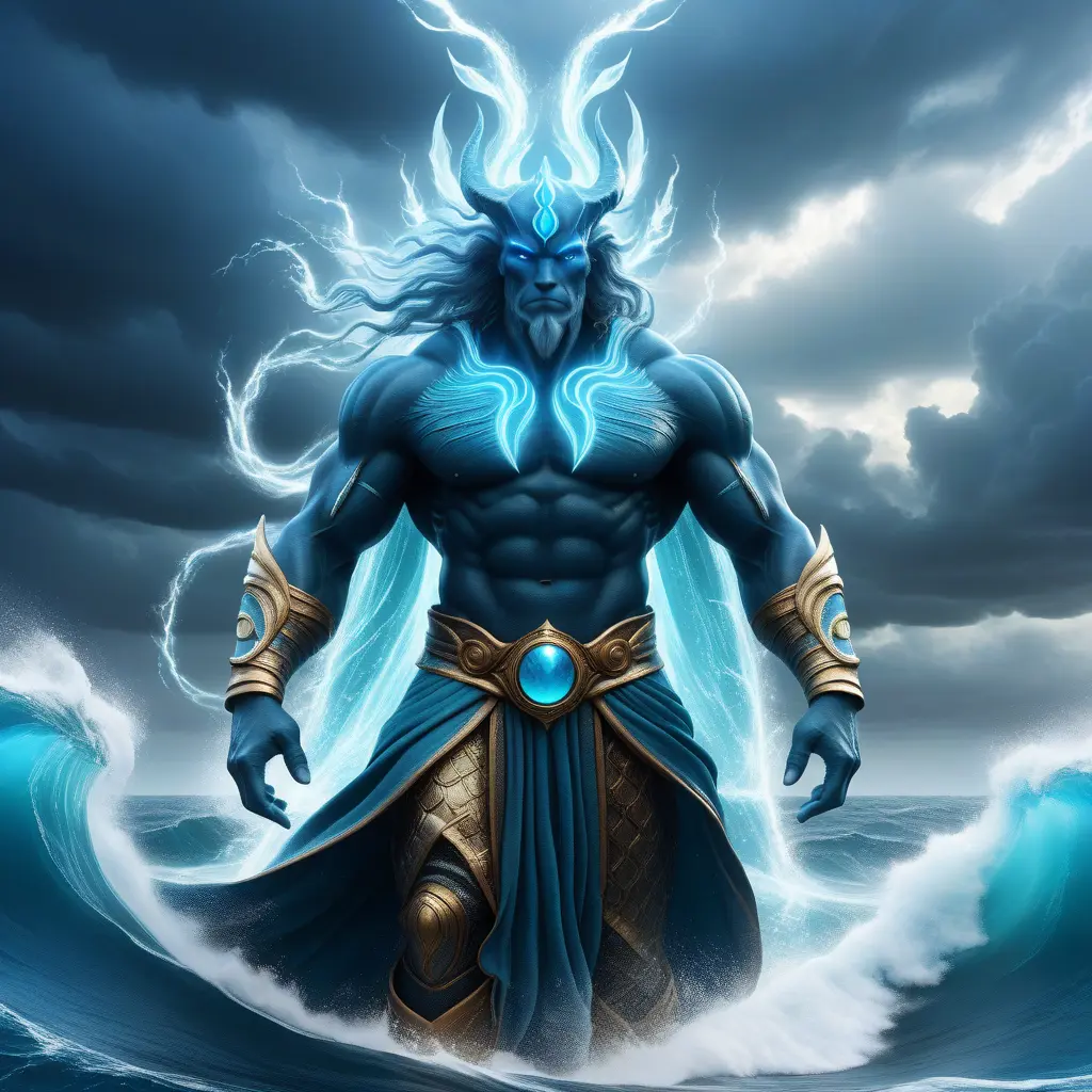 A celestial Blue-skinned God of the Seas, Storms, and Exploring emanating power of the seas, wearing half-leather, shrouded in storms in the style of digital art, 8k, Fantasy