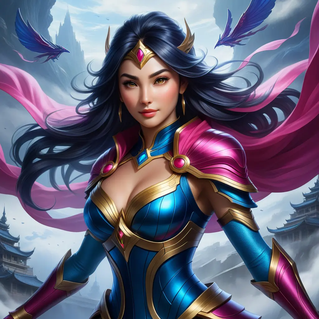 Irelia emerging from the fog of war, Highly Detailed, Vibrant Colors, Ink Art, Fantasy, Dark by Stanley Artgerm Lau