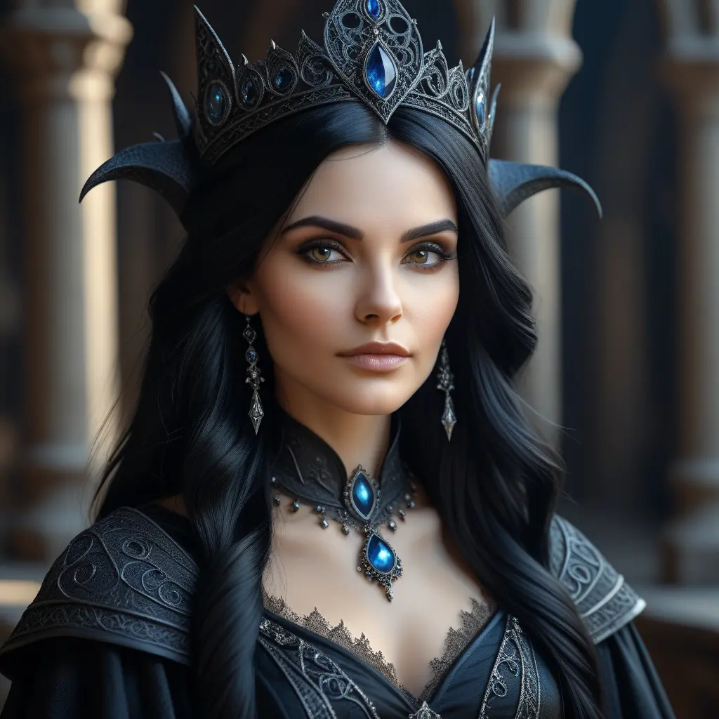 Alluring portrait of a beautiful gothic black haired sorceress in the style of Stefan Kostic, 8k, High Definition, Highly Detailed, Intricate, Half Body, Realistic, Sharp Focus, Fantasy, Elegant